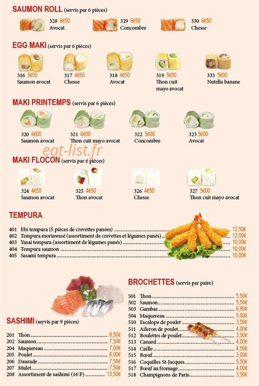 Carte et menu de Tokyo Sushi à Le Perreux sur Marne — Saumon roll, egg maki, maki printemps,...