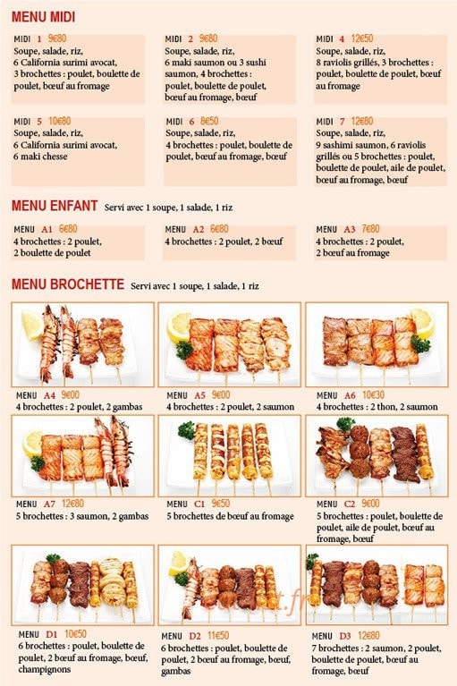 Carte et menu de Tokyo Sushi à Le Perreux sur Marne — Menus midi et brochettes