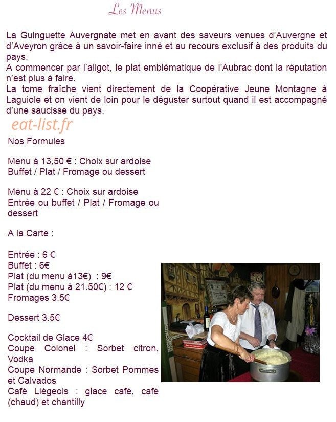 Carte et menu de La Guinguette Auvergnate à Villeneuve Saint Georges — Les formules, entrées,....