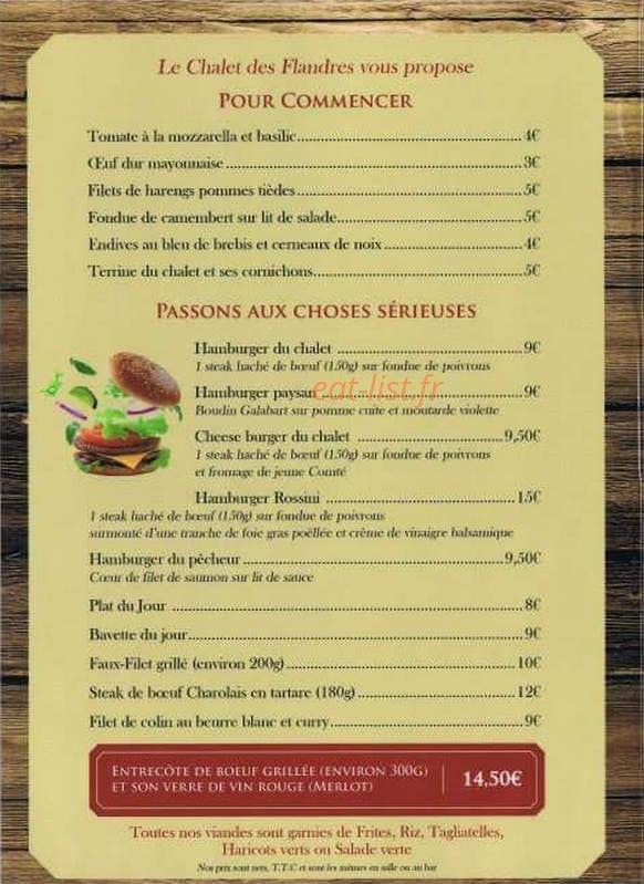 Carte et menu de Le chalet des Flandres à Villeneuve Saint Georges — Les entrées et plats