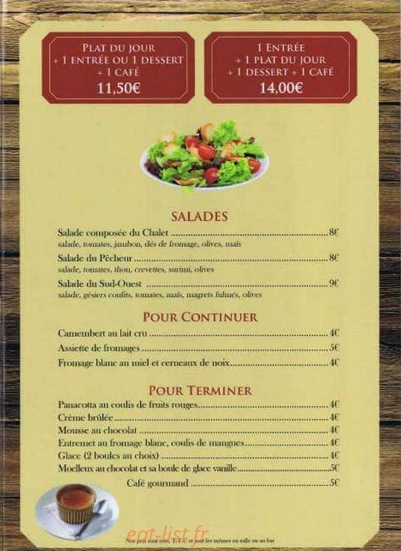 Carte et menu de Le chalet des Flandres à Villeneuve Saint Georges — Les formules