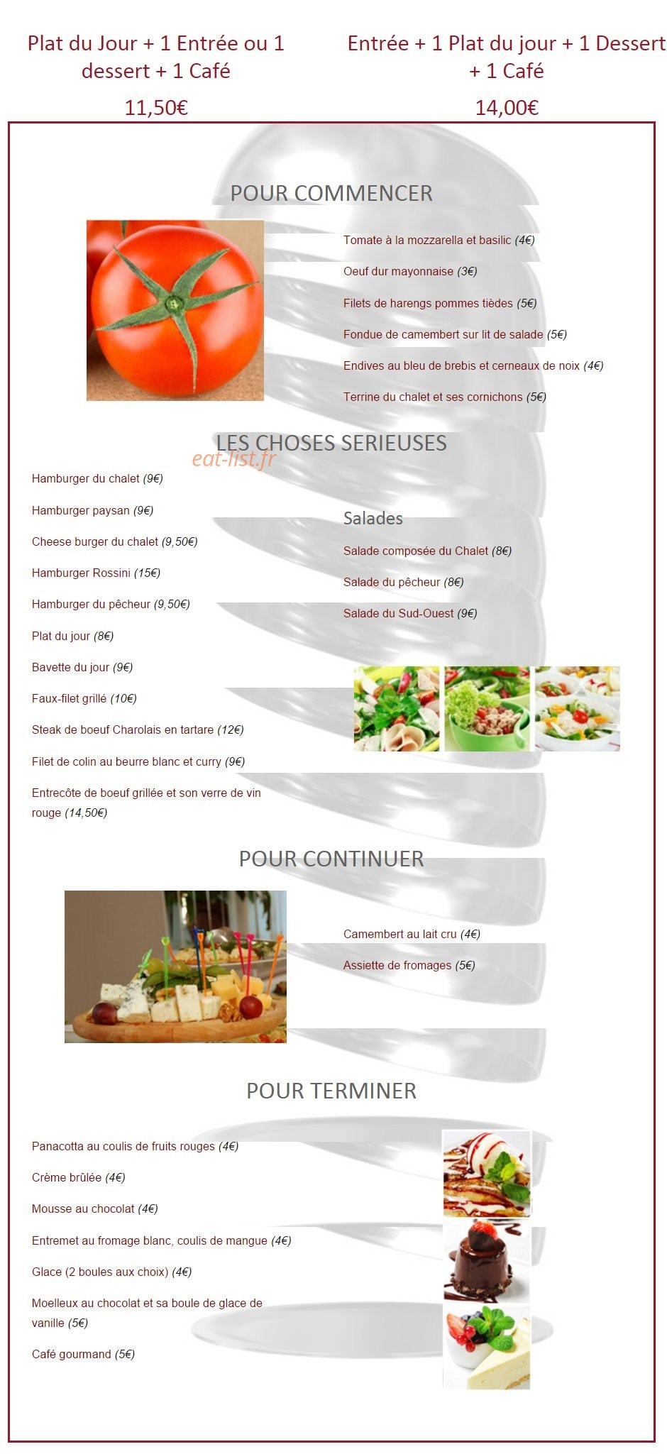 Carte et menu de Le chalet des Flandres à Villeneuve Saint Georges — Menus,entrees...