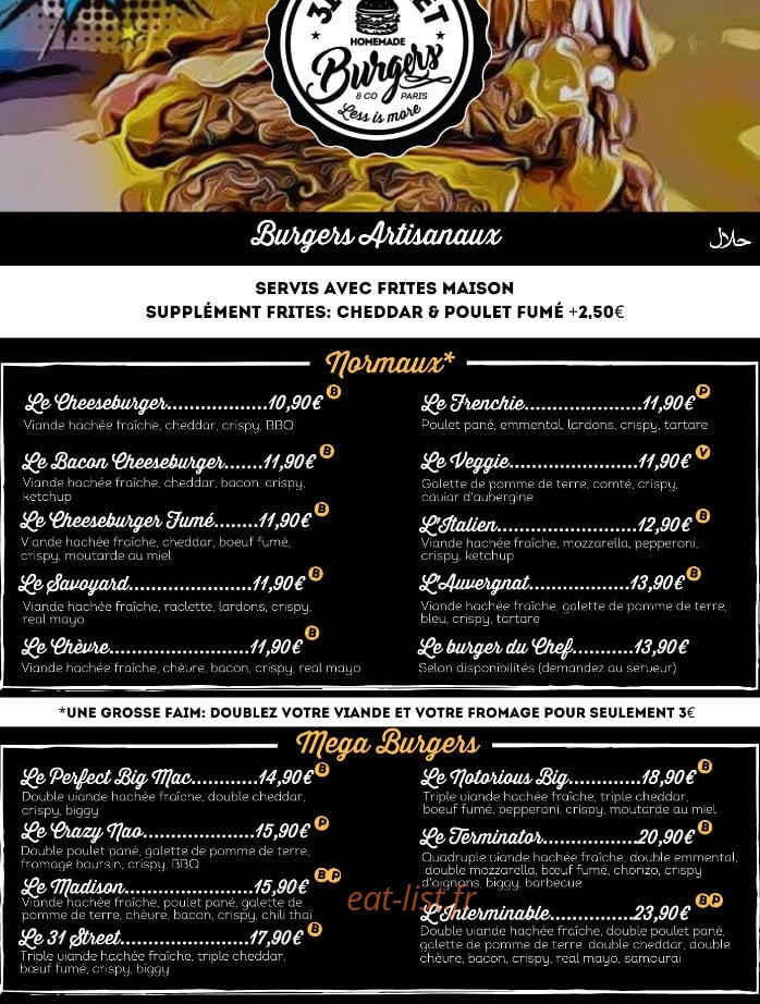 Carte et menu de 31 Street burgers & co à Ivry sur Seine — Les burgers