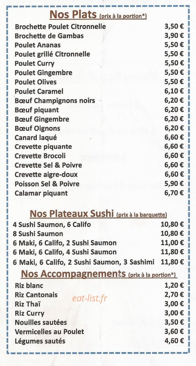 Carte et menu de Chinasia fast food à Ivry sur Seine — Plats et accompagnements