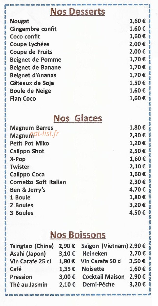 Carte et menu de Chinasia fast food à Ivry sur Seine — Desserts et boissons