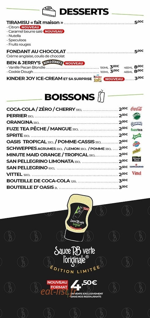 Carte et menu de PB Poulet Braisé à Ivry sur Seine — Desserts et boissons a emporter