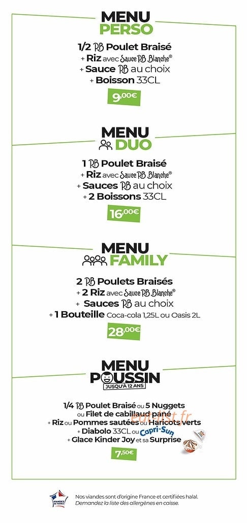 Carte et menu de PB Poulet Braisé à Ivry sur Seine — Menus a emporter