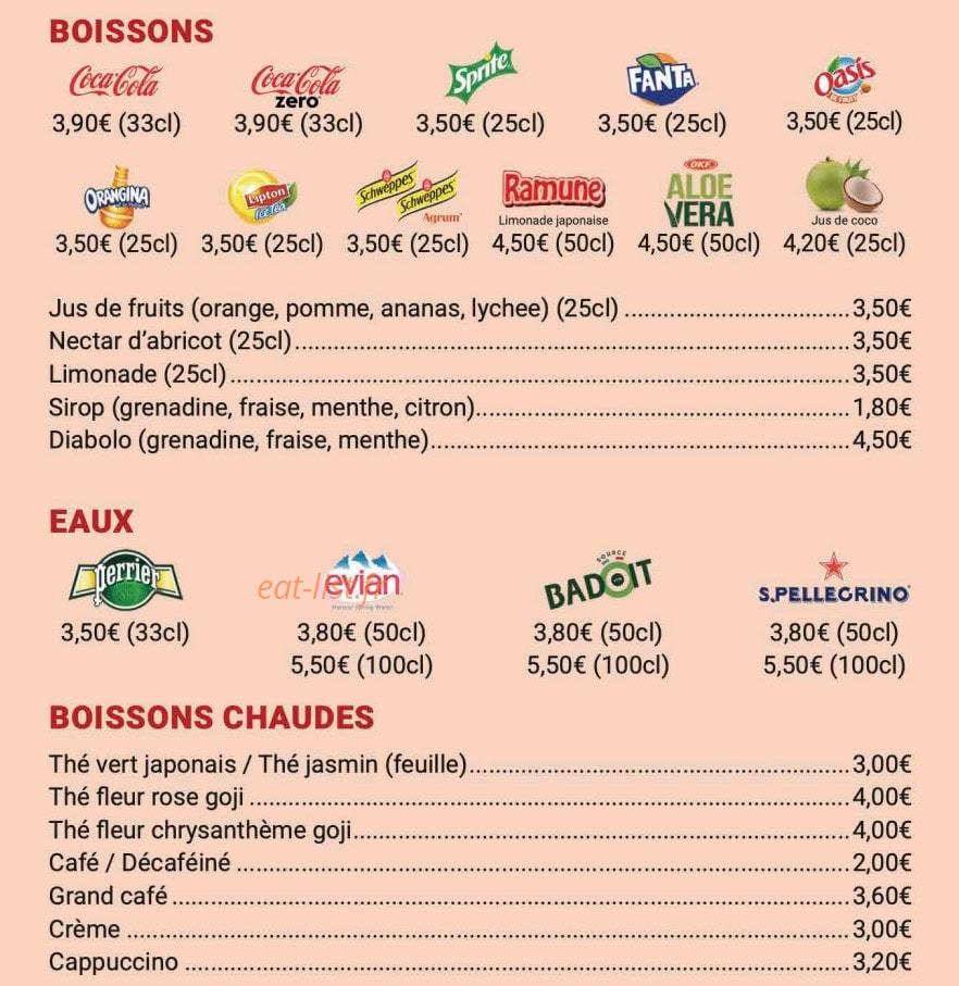 Carte et menu de Shinjuku à Ivry sur Seine — Les boissons, eaux et boissons chaudes