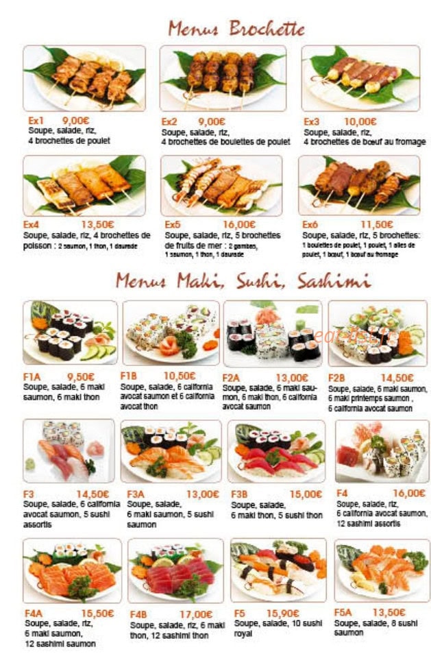 Carte et menu de Shinjuku à Ivry sur Seine — Les menus brochettes, menus maki et sashimi,...