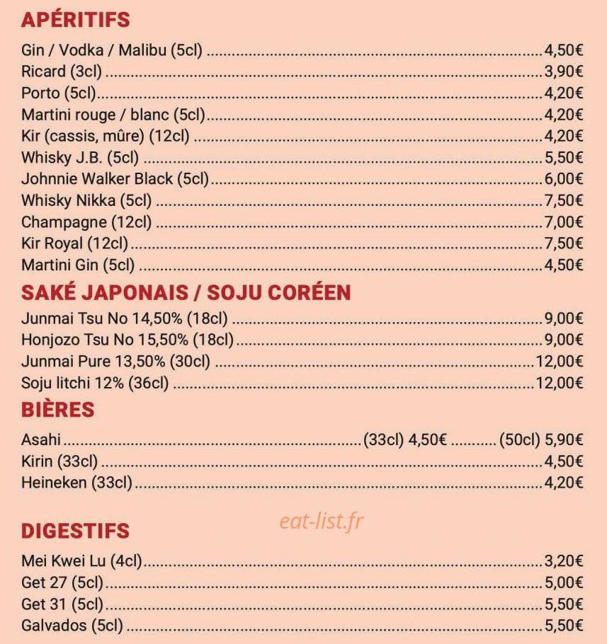 Carte et menu de Shinjuku à Ivry sur Seine — Les apéritifs, bières et digestifs,...