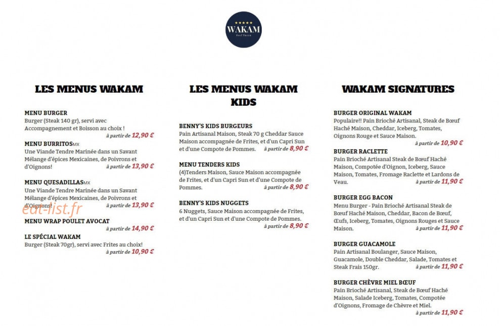 Wakam Burger — carte page 1