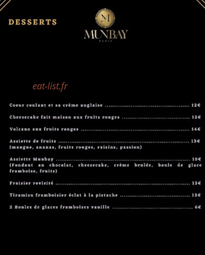Carte et menu de Mun Bay à Charenton le Pont — Desserts