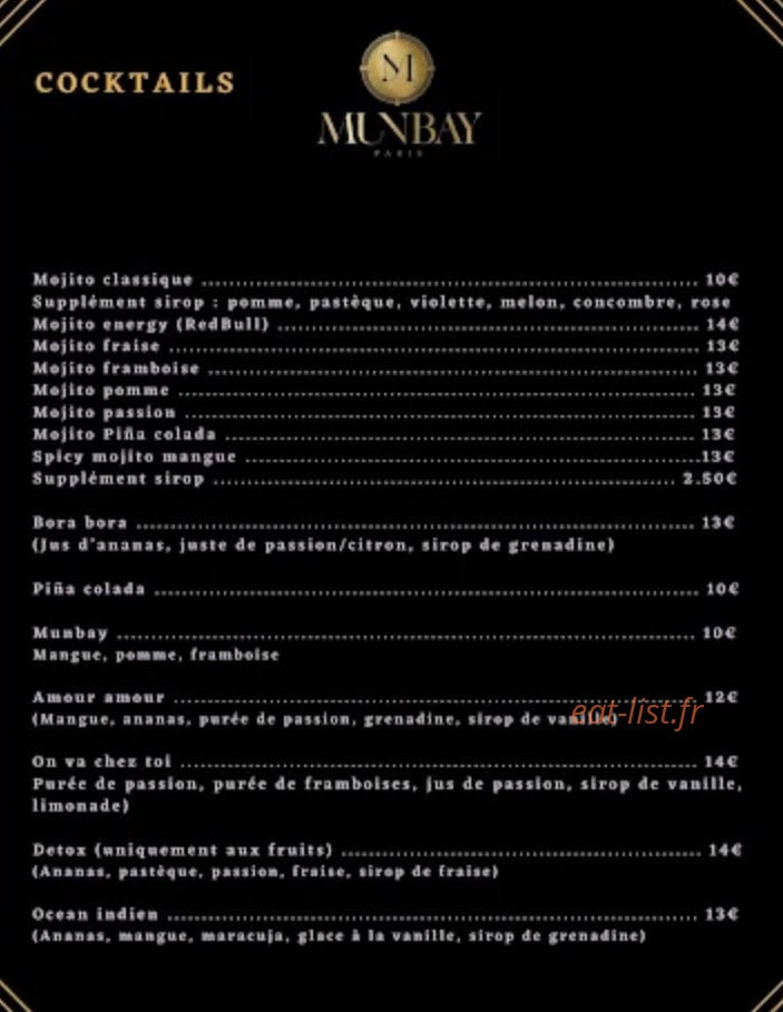 Carte et menu de Mun Bay à Charenton le Pont — Cocktails