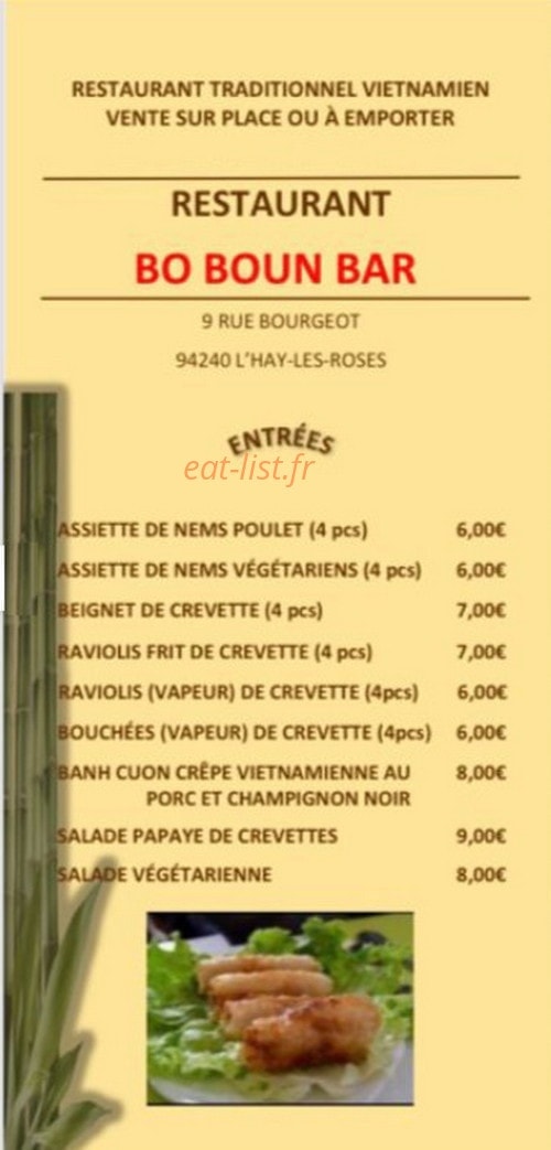 Carte et menu de Bo Boun Bar à L' Hay les Roses — Les entrées