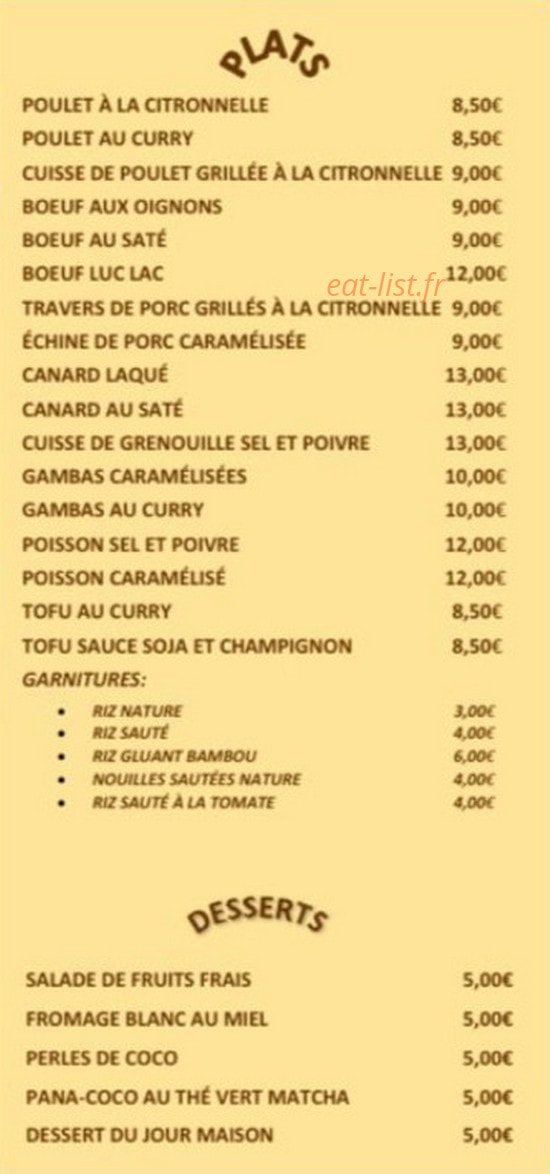 Carte et menu de Bo Boun Bar à L' Hay les Roses — Les plats et desserts