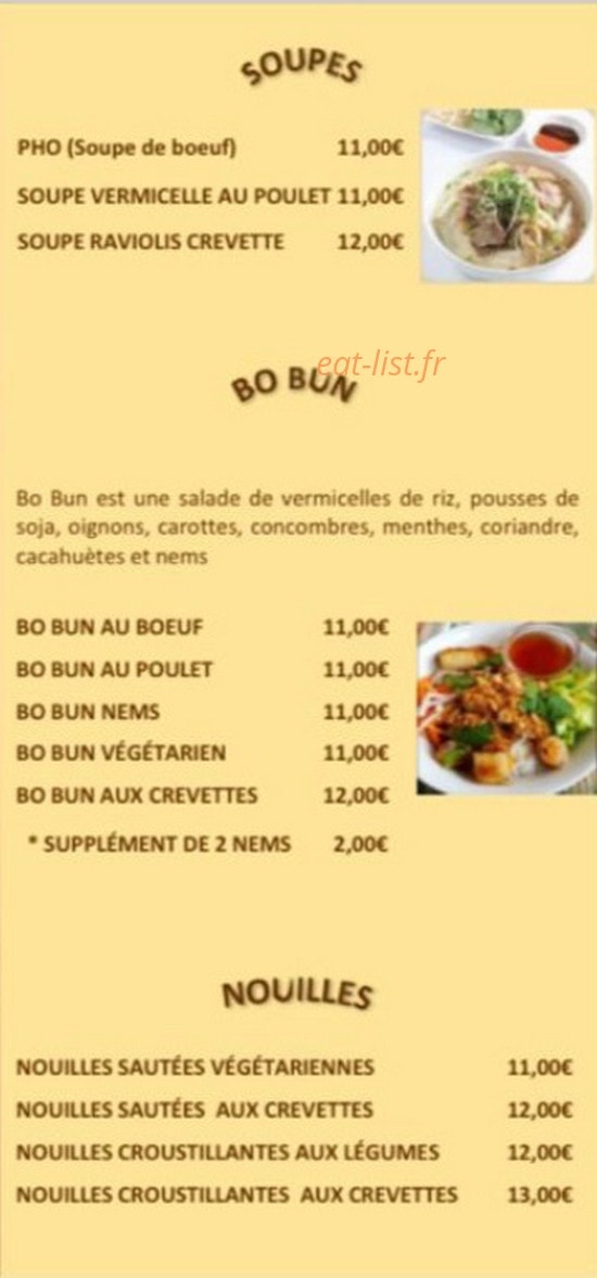 Carte et menu de Bo Boun Bar à L' Hay les Roses — Les soupes, bo bun et nouilles