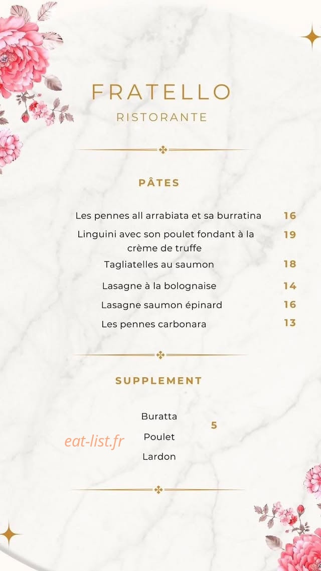 Carte et menu de Fratello à Le Kremlin Bicetre — Pates
