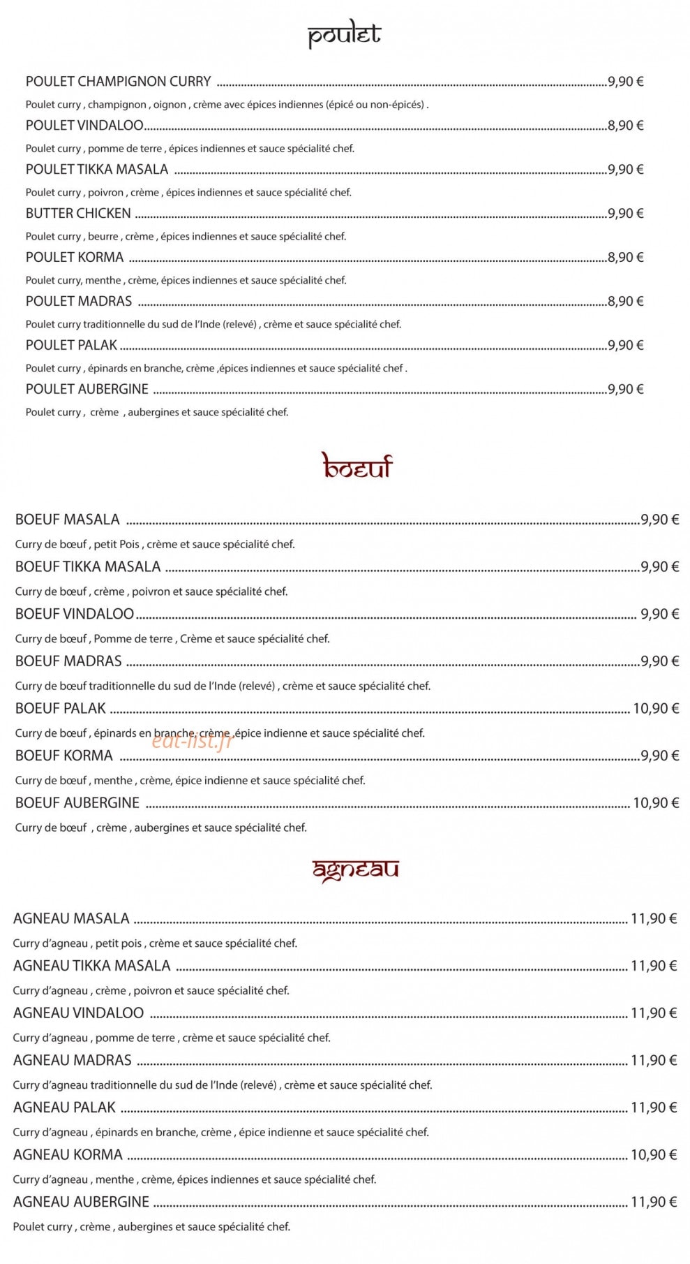 Carte et menu de Taste Of India à Villeneuve le Roi — Viandes