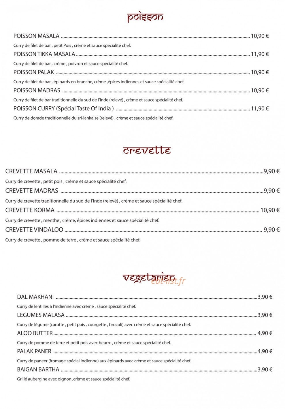 Carte et menu de Taste Of India à Villeneuve le Roi — Poissons, crevettes et vegetariens