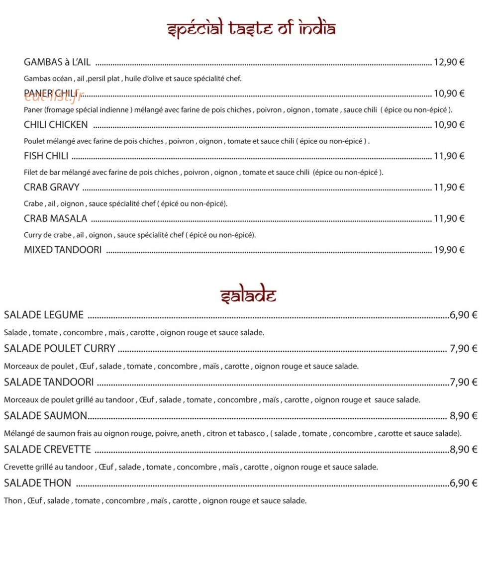 Carte et menu de Taste Of India à Villeneuve le Roi — Spécialités et salades
