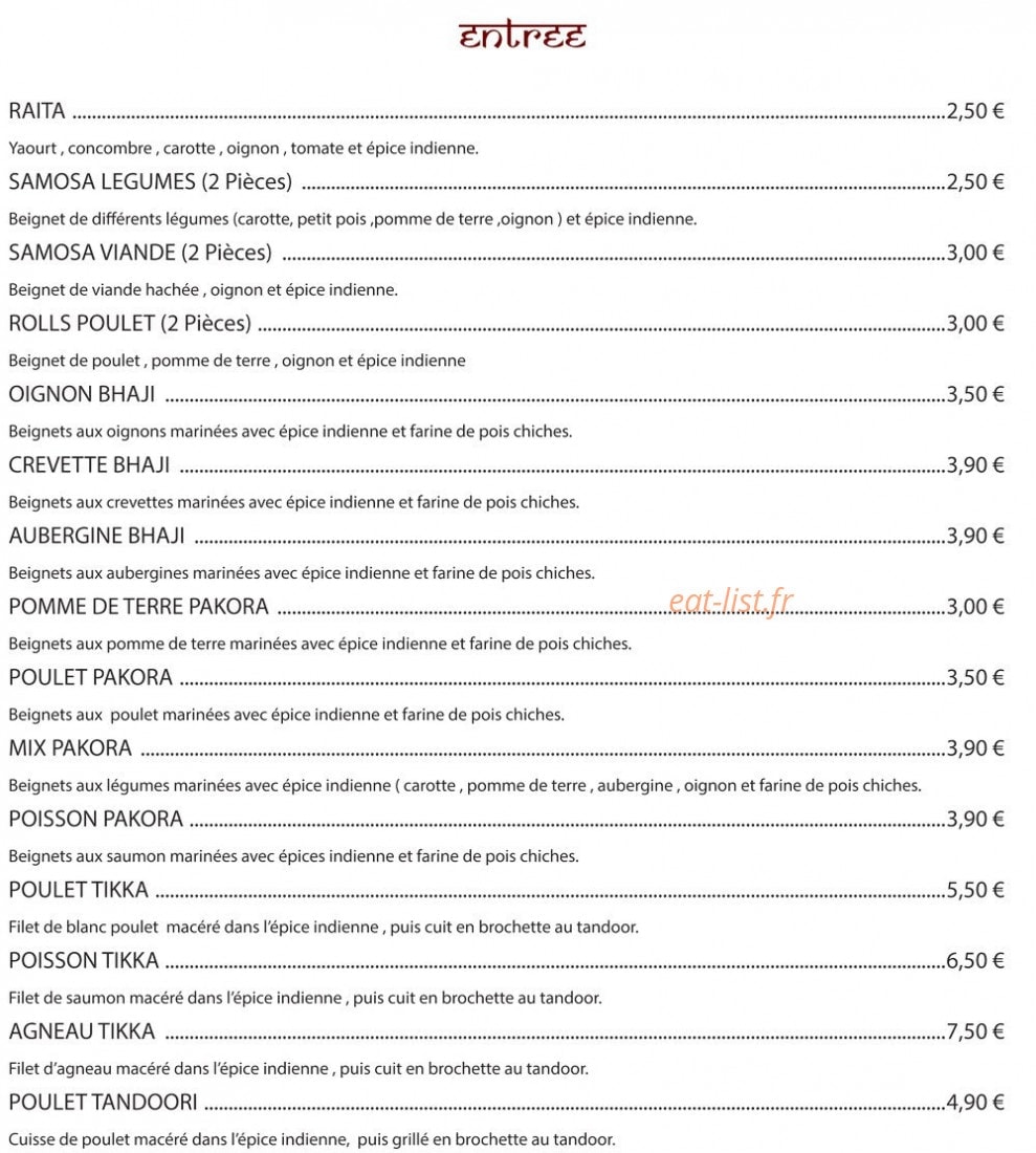 Carte et menu de Taste Of India à Villeneuve le Roi — Entrées