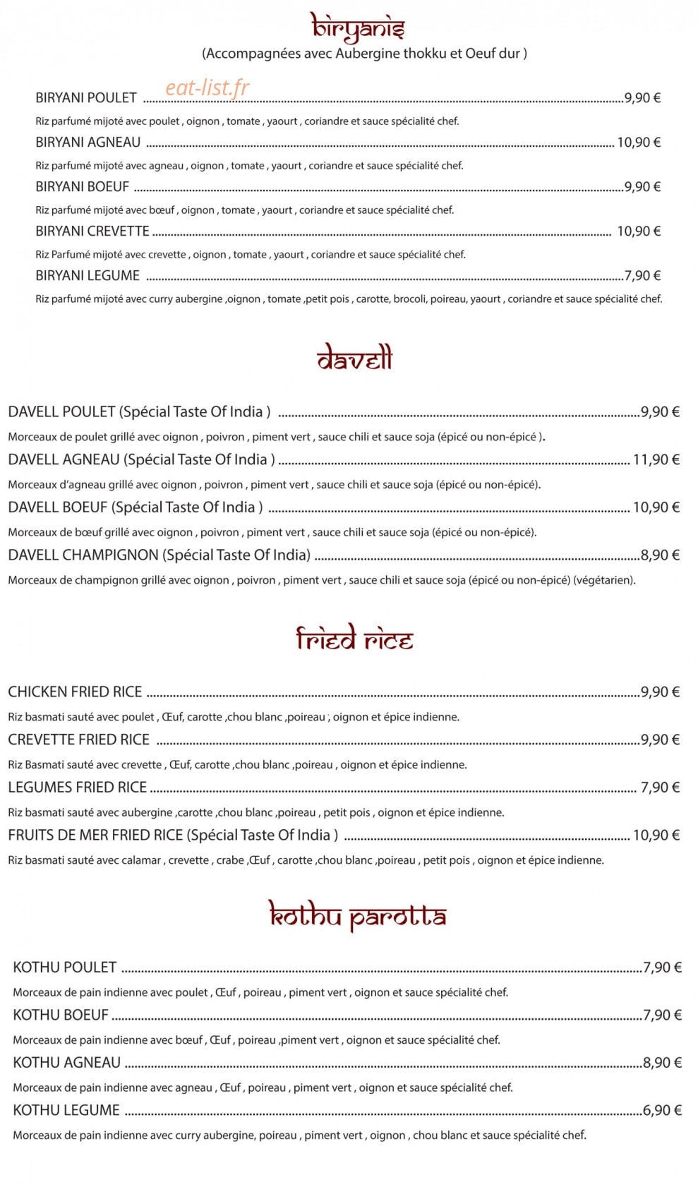 Carte et menu de Taste Of India à Villeneuve le Roi — Biryanis, davell, fried rice et kothu parolla