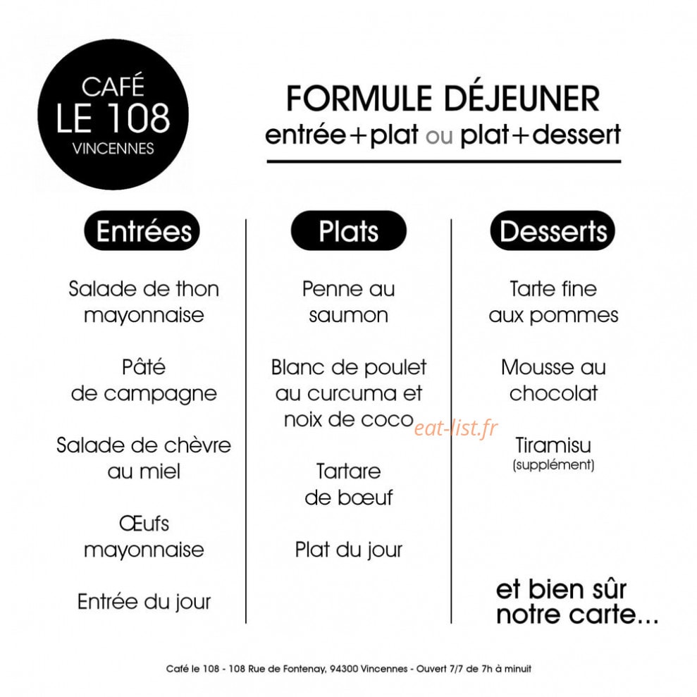 Café 108 — carte page 1