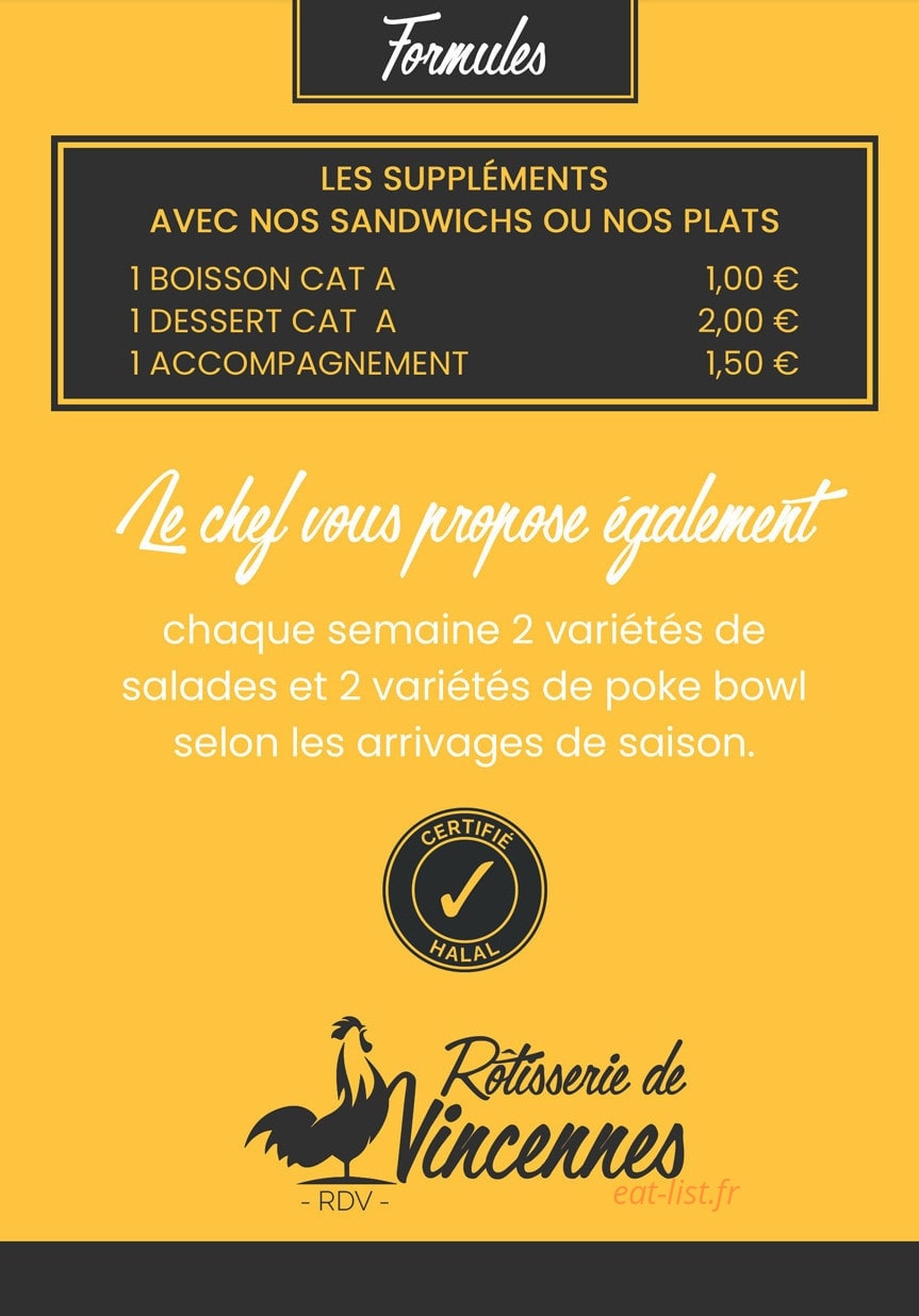 Carte et menu de Rôtisserie de Vincennes à Vincennes — Les formules