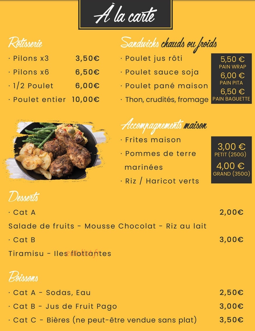 Carte et menu de Rôtisserie de Vincennes à Vincennes — Les sandwichs, accompagnements et desserts,...