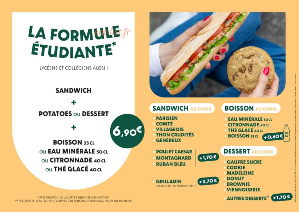 Carte et menu de Pomme de Pain à Thiais — Formule etudiante, sandwiches...
