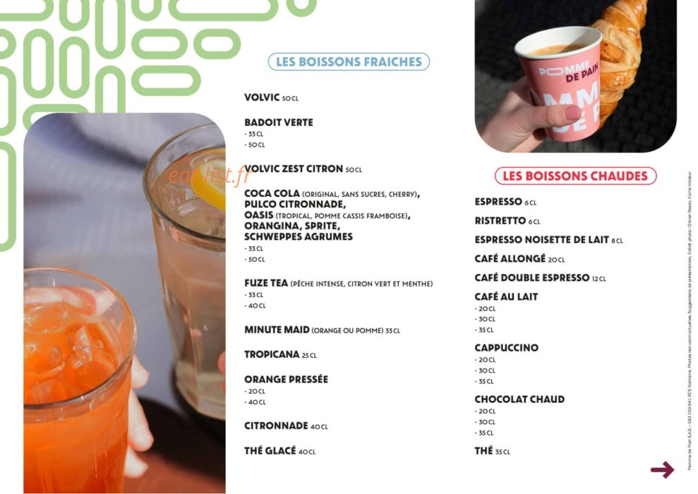 Carte et menu de Pomme de Pain à Thiais — Boissons fraiches et boissons chaudes