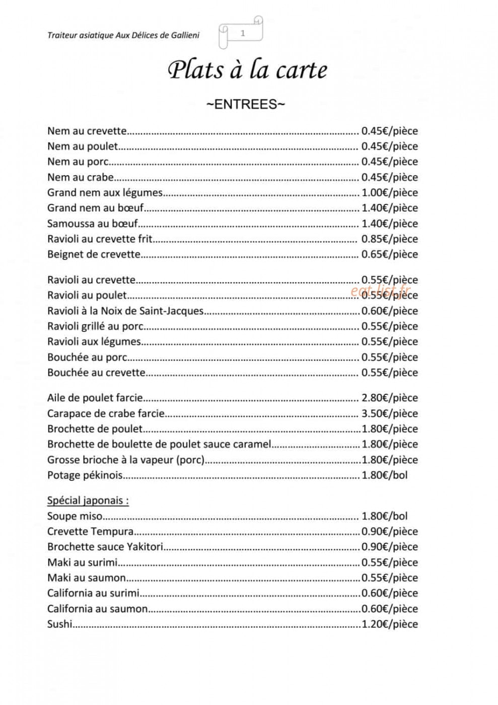 Aux Délices de Gallieni — carte page 1