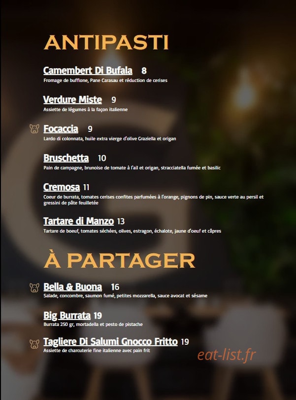 Carte et menu de Graziella à Joinville le Pont — Les antipasti, à partager