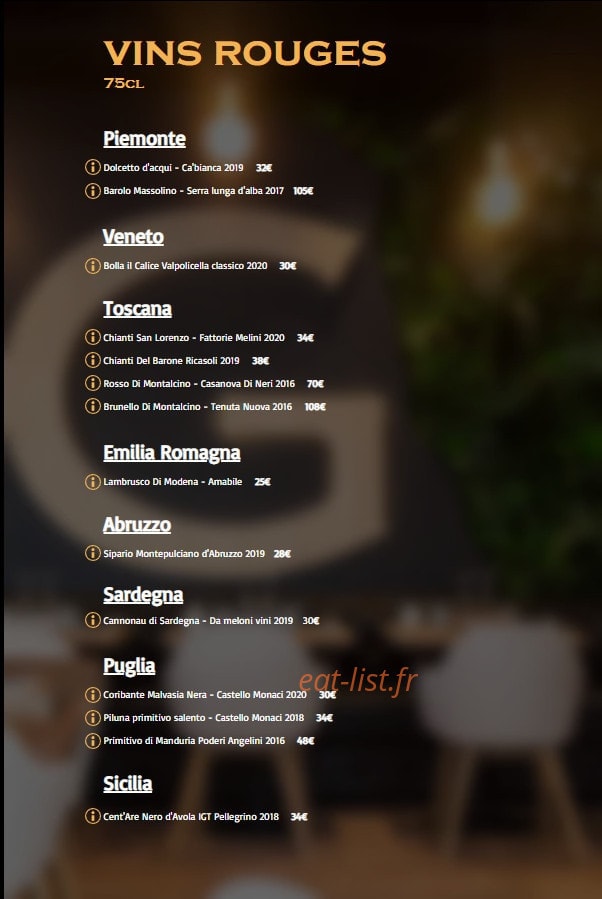 Carte et menu de Graziella à Joinville le Pont — Les vins rouges