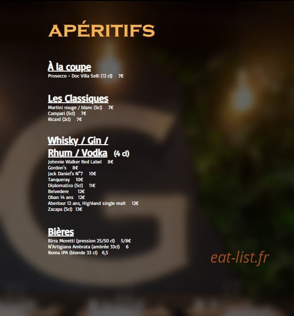 Carte et menu de Graziella à Joinville le Pont — Les apéritifs