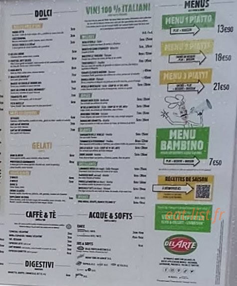 Carte et menu de Del Arte à Villiers sur Marne — Les desserts, cafés et menus,..