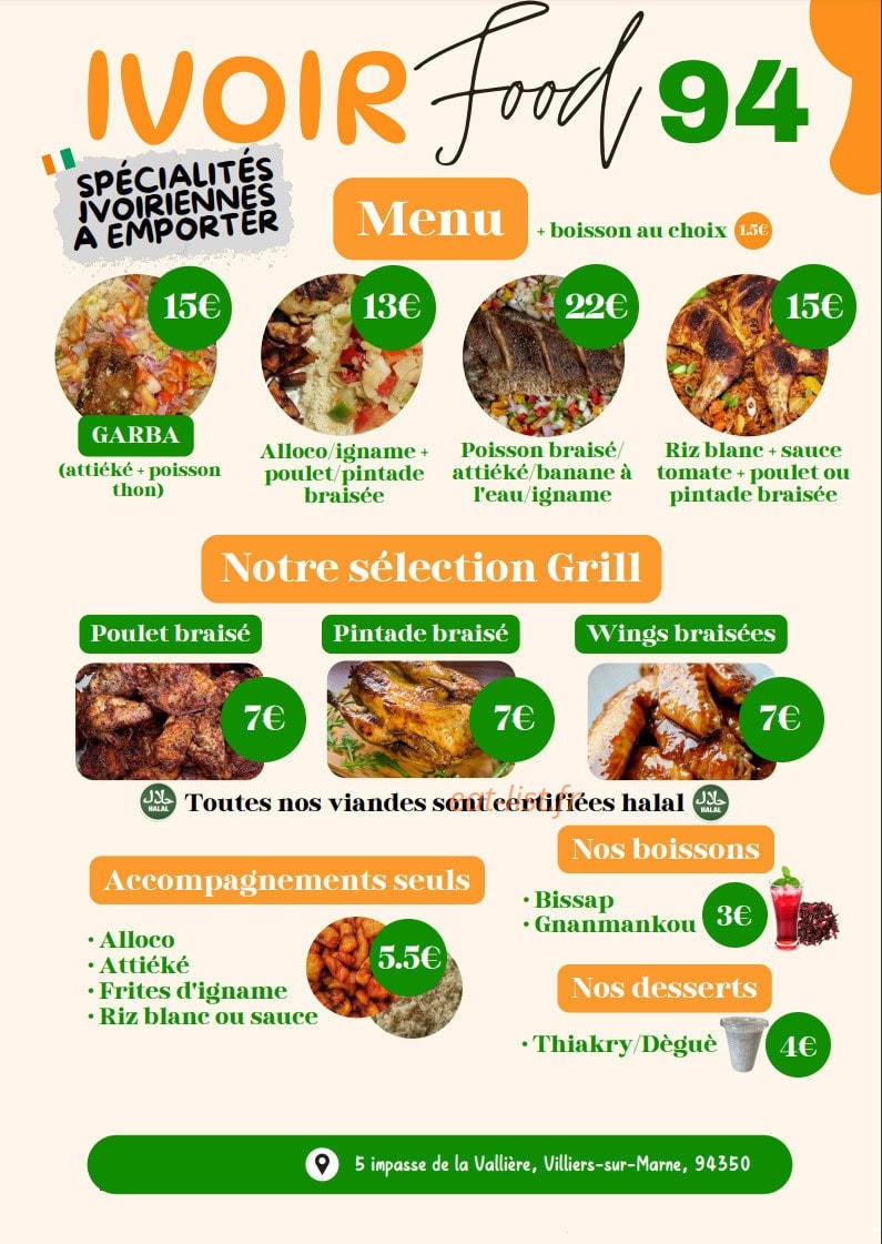 Carte et menu de Ivoir Food 94 à Villiers sur Marne — Les menus