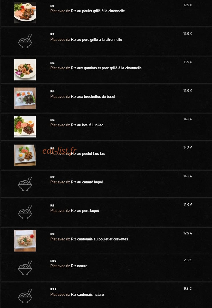 Carte et menu de Le Saigonnais à Villiers sur Marne — Les plats avec riz