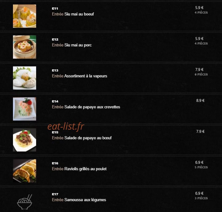 Carte et menu de Le Saigonnais à Villiers sur Marne — Les entrées suite