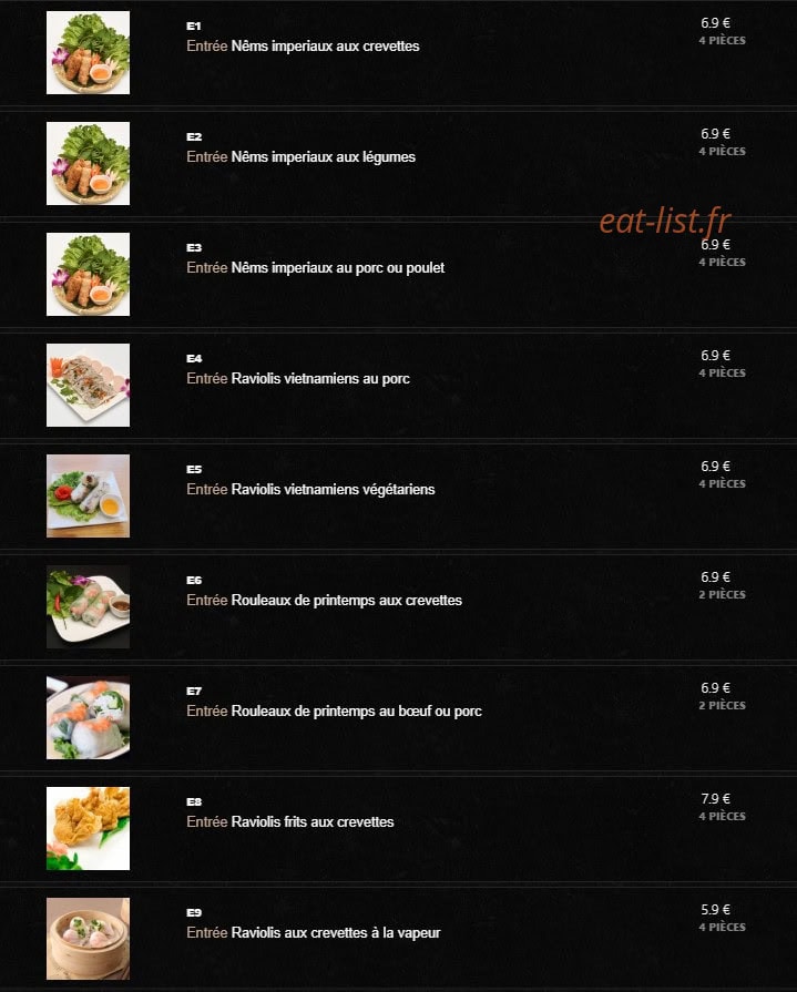 Carte et menu de Le Saigonnais à Villiers sur Marne — Les entrées