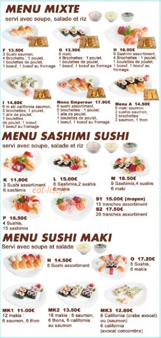 Carte et menu de sushi chagura à Villiers sur Marne — Les menus mixte ; menus sashimi et sushi ...