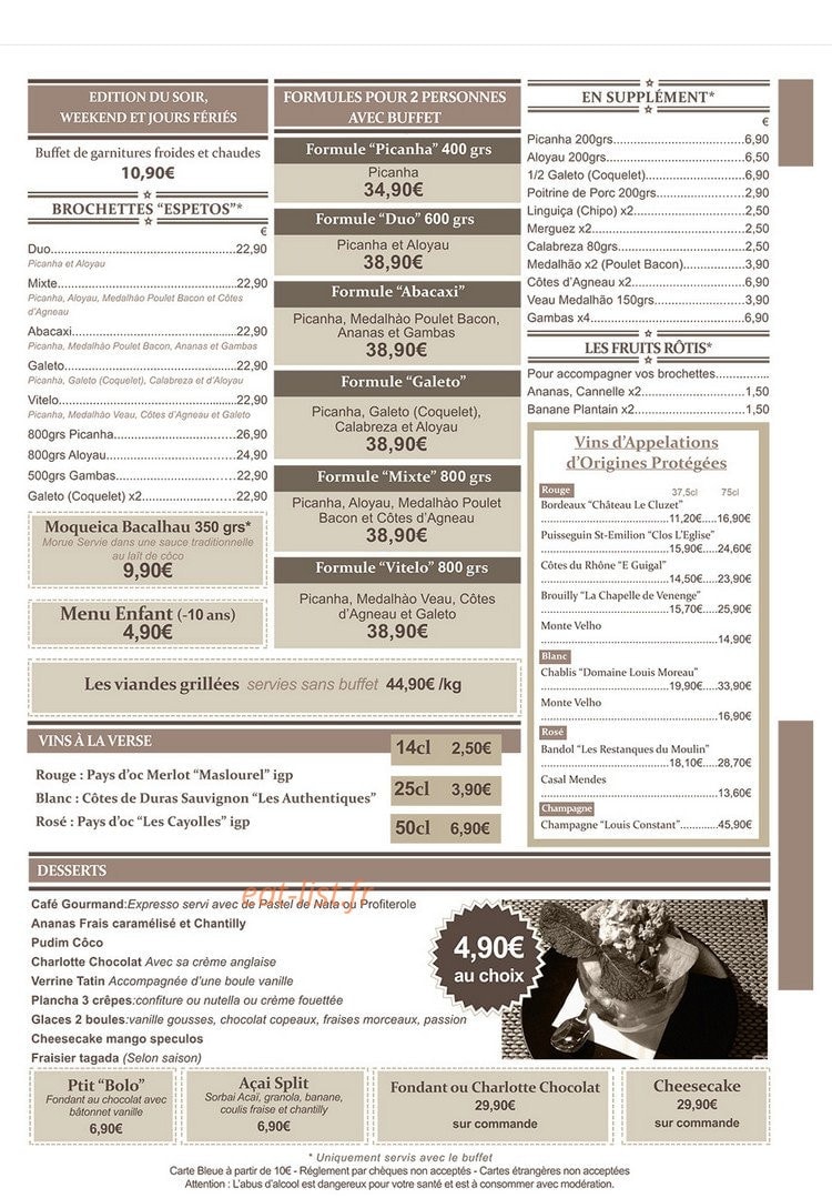 Carte et menu de Bbq - Brazilian Steakhouse à Bry sur Marne — Les brochettes, le menu enfant,....