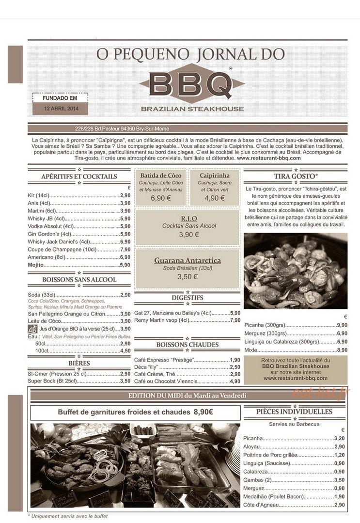 Carte et menu de Bbq - Brazilian Steakhouse à Bry sur Marne — Les apéritifs, les cocktails,.....
