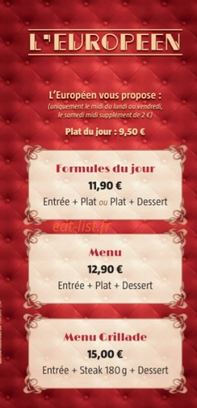 Carte et menu de Brasserie L'Européen à Bonneuil sur Marne — Les formules