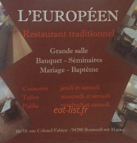 Carte et menu de Brasserie L'Européen à Bonneuil sur Marne — Les couscous ; tajine et paella