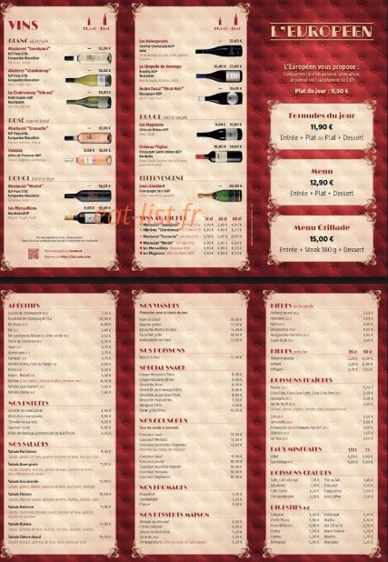 Carte et menu de Brasserie L'Européen à Bonneuil sur Marne — Les boissons