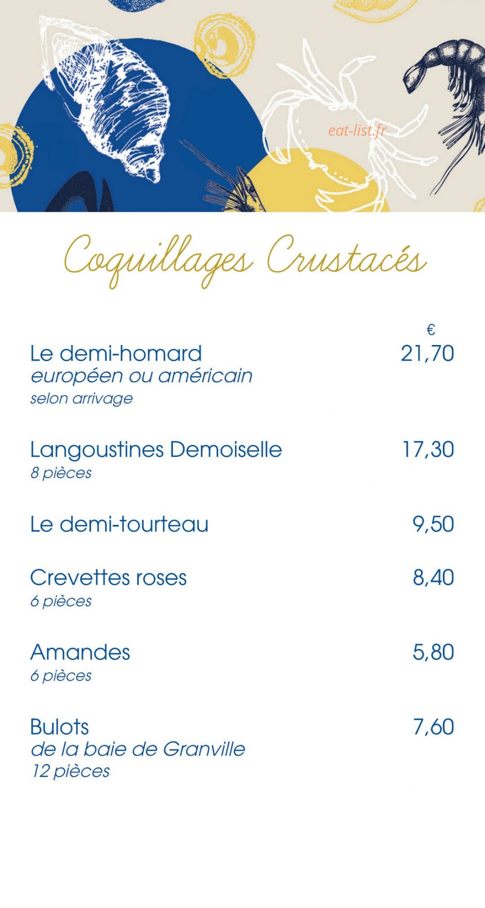 Carte et menu de La Criée à Bonneuil sur Marne — Les coquillages et crustacés à emporter