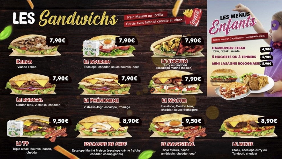 Carte et menu de T9 Foodies & Grill à Vitry sur Seine — Les snadwichs et menus enfant