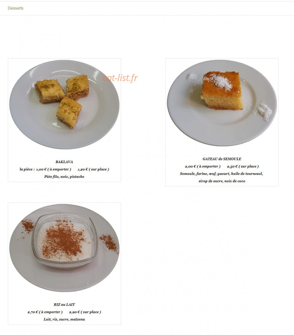 Carte et menu de Délices Méditerranéens à Saint Maurice — Les desserts