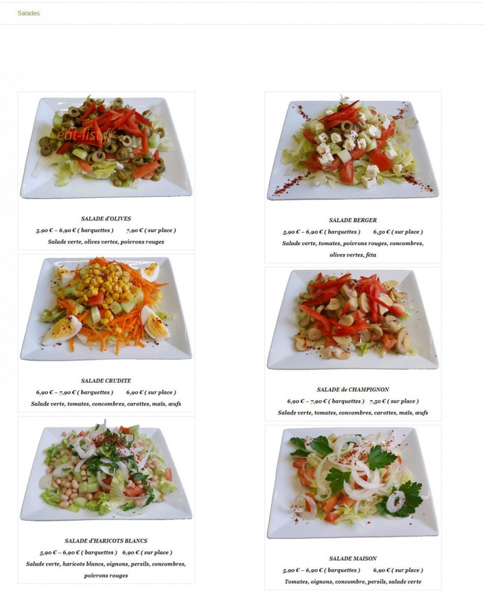 Carte et menu de Délices Méditerranéens à Saint Maurice — Les salades